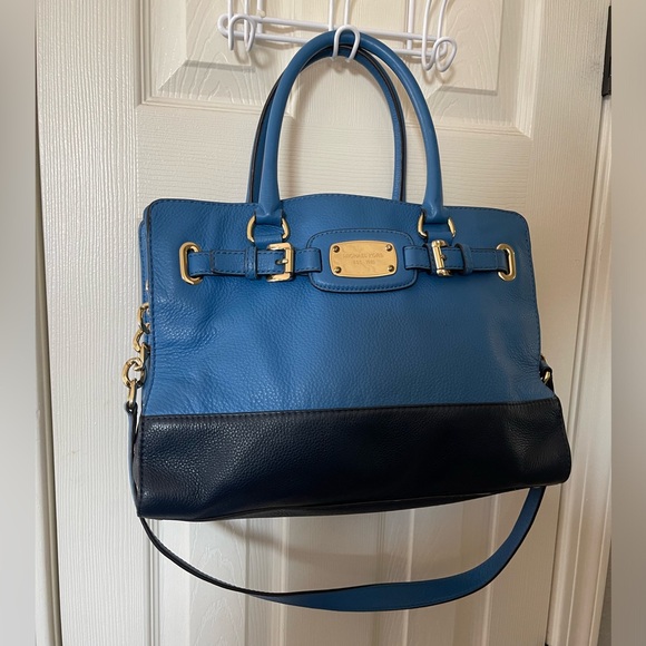 Michael Kors Hamilton Navy & Light Blue Large Leather Satchel Shoulder Bag - Picture 2 of 10
